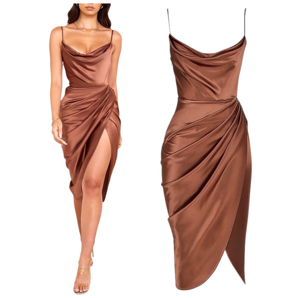 House of CB NWT Women's 'Reva' Satin Balcony Corset Dress, Toffee Brown, Small